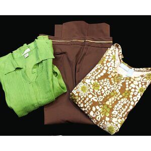 Women's 3X Clothing Bundle Business Casual Green and Brown Pants and Shirts Q01